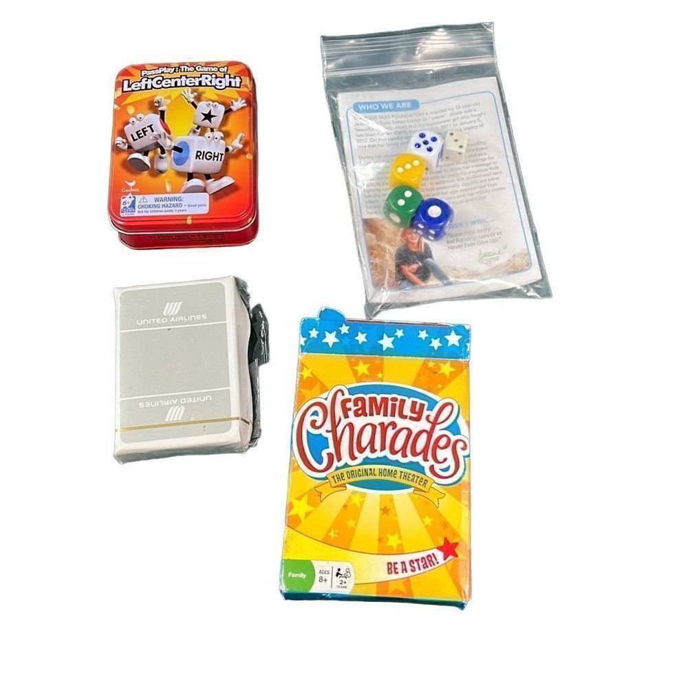 4 Games Bundle: United Airline Cards, Dice, Family Charades, Left Center Right